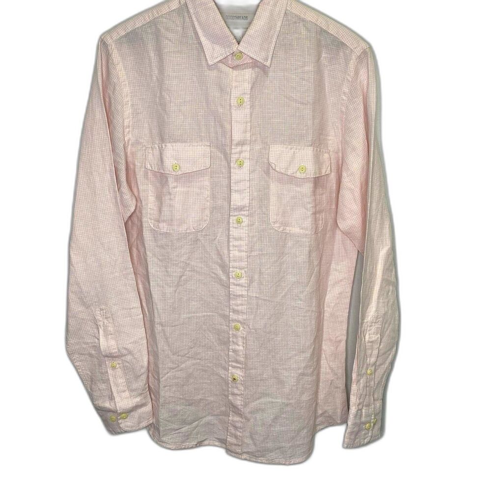 GOODTHREADS Shirt Slim Fit Gingham Check Linen Button Long Sleeve Mens S Pink